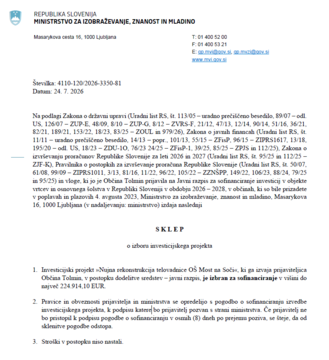 Sklep o dodelitvi sredstev_telovadnica OŠ Most na Soči (24.7.26)
